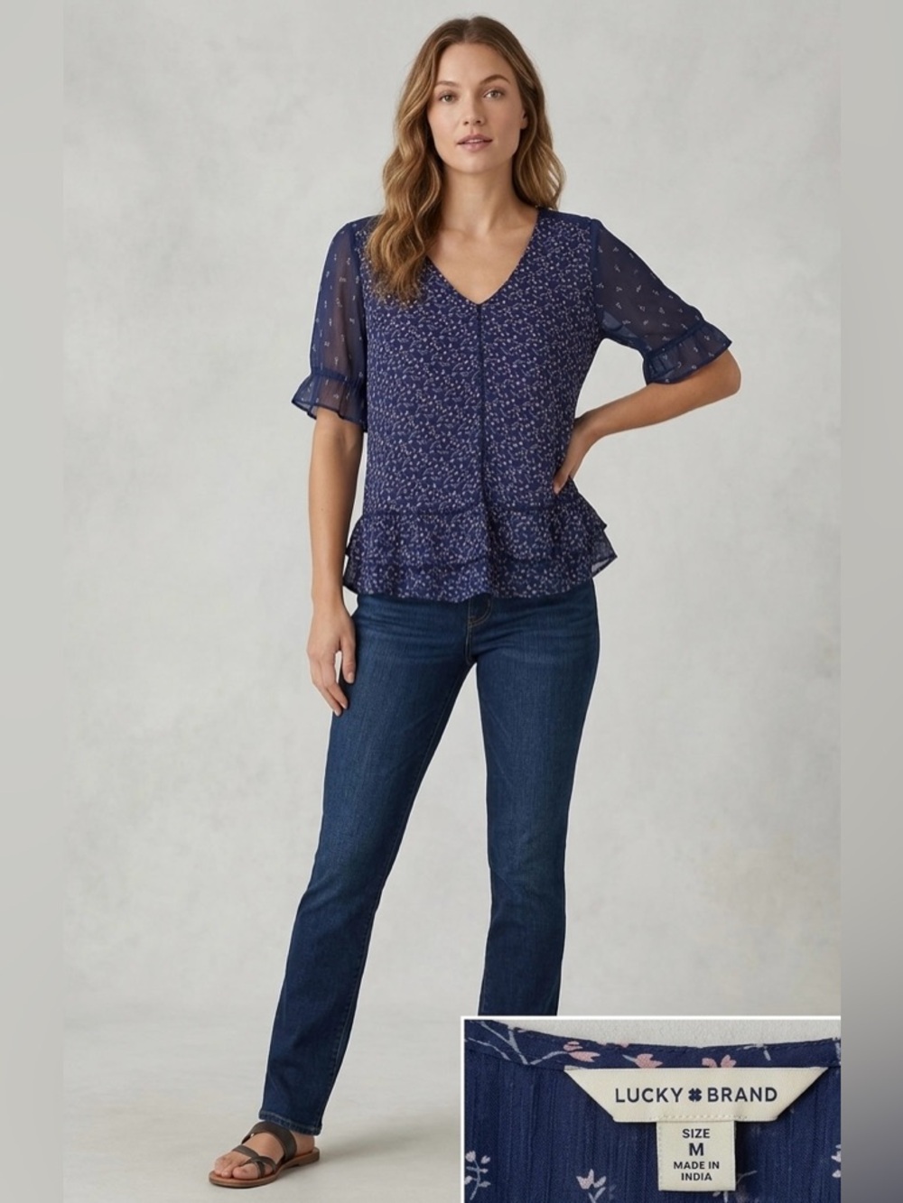 Lucky Brand Navy Floral Peplum Blouse - V-Neck‎ Ruffle Sleeve Boho Top Size M